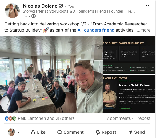 LinkedIn post by Nicolas Dolenc about the Avenue Bio Sciences workshop — From Academic Researcher to Startup Builder