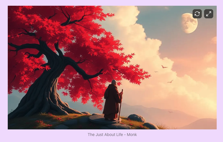 The Just About Life — Monk: a robed figure beneath a red-leafed tree contemplating the moon